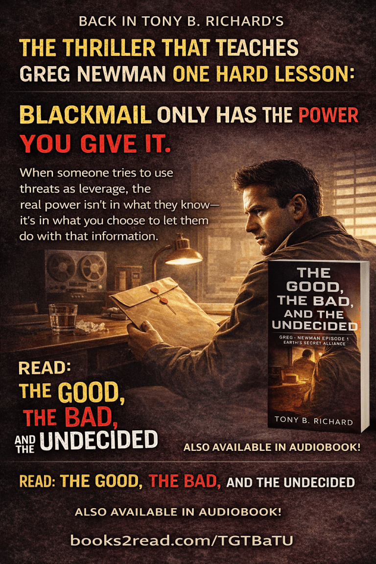 Promotional graphic for Tony B. Richard’s The Good, The Bad, and The Undecided. In a tense, dimly lit office scene, Greg Newman sits at a desk holding a sealed envelope, lit by a desk lamp, with the book cover displayed beside him. Bold text emphasizes the lesson, “Blackmail only has the power you give it,” with a call to read the book at books2read.com/TGTBaTU.