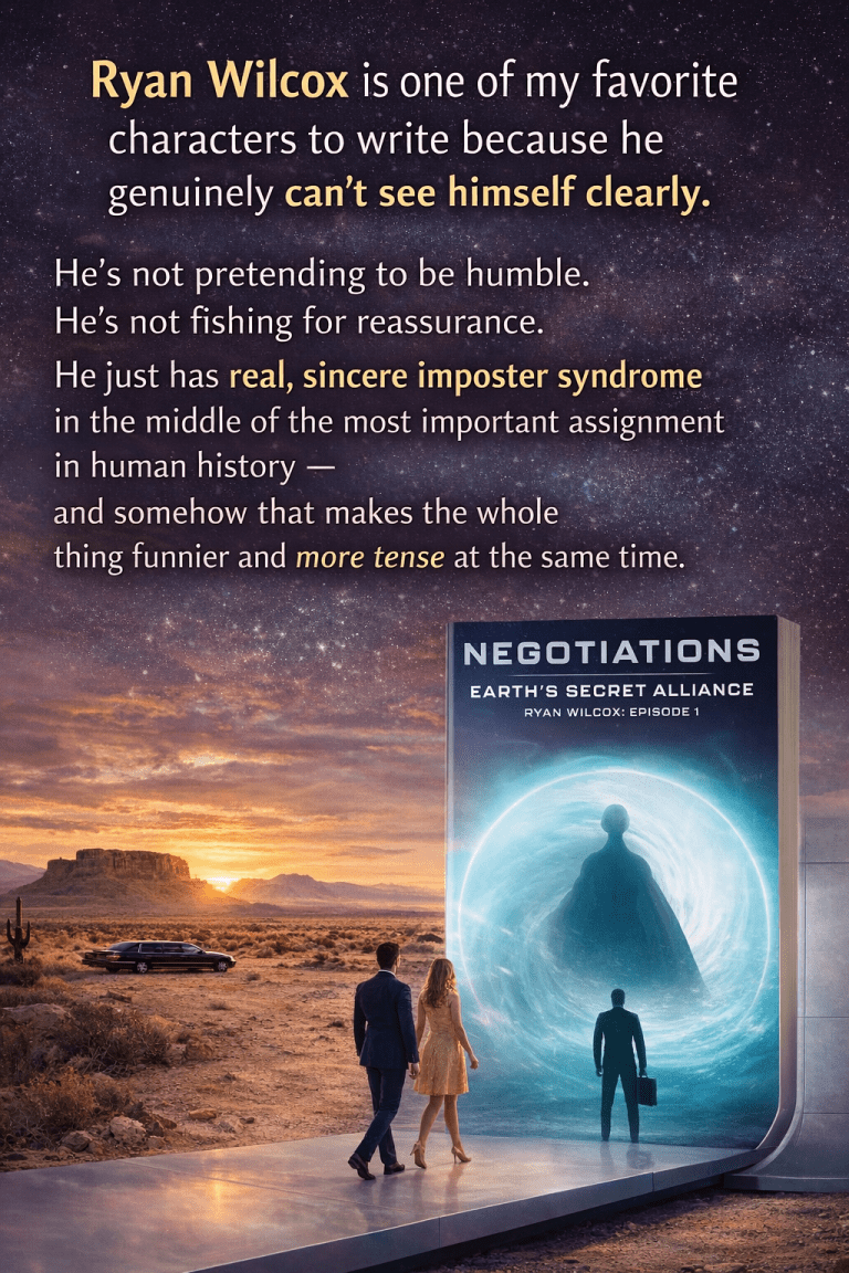 Ryan Wilcox is one of my favorite characters to write because he genuinely can't see himself clearly. He's not pretending to be humble. He's not fishing for reassurance. He just has real, sincere imposter syndrome in the middle of the most important assignment in human history — and somehow that makes the whole thing funnier and more tense at the same time.
