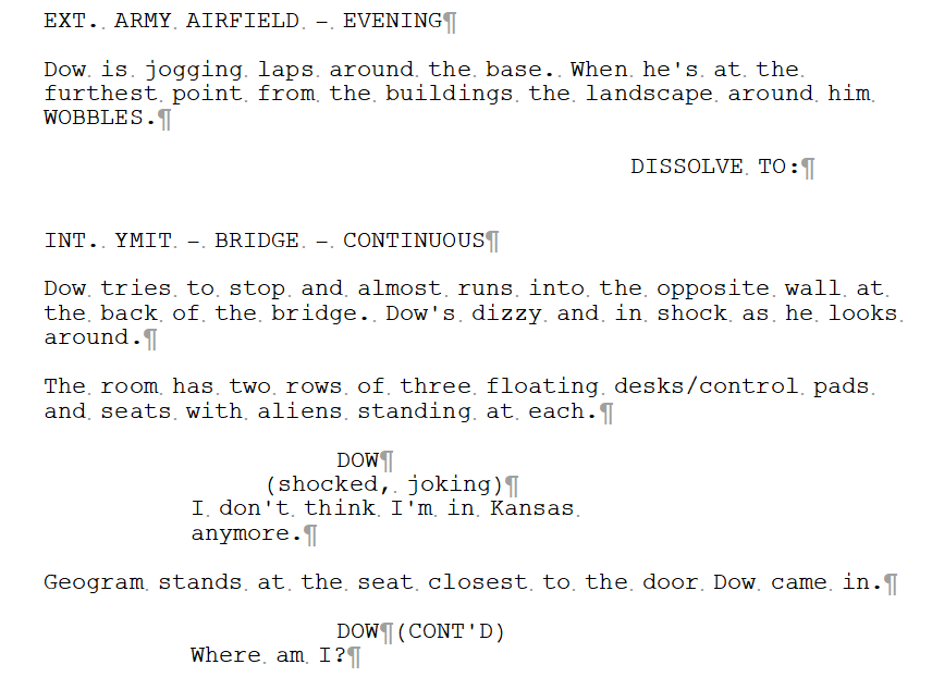 ESA screenplay page - Dow runs onto the bridge of the YMIT
