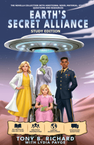 Illustrated cover of Earth’s Secret Alliance: Study Edition, featuring Charlie in her wheelchair with a scientist, a green alien, and a soldier beneath a spacecraft.