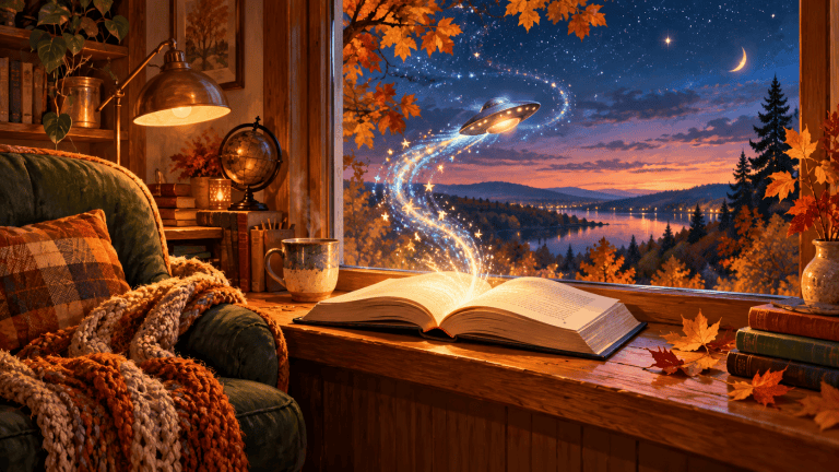 An open book sends a sparkling trail toward a flying saucer beside a cozy reading chair and an autumn twilight window.